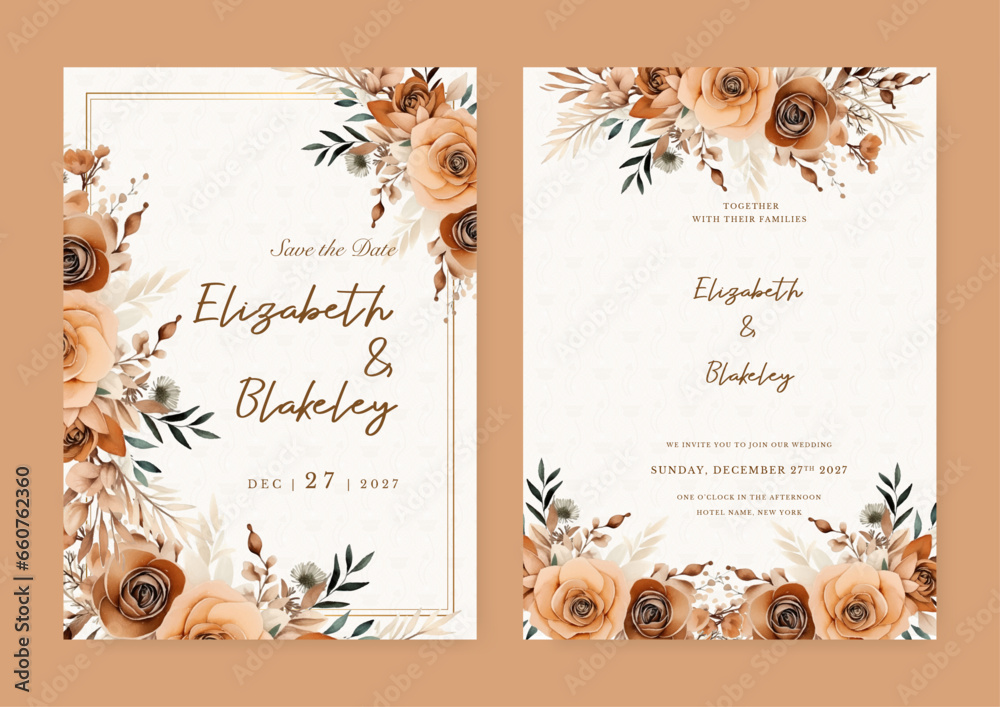 Fototapeta premium Brown and beige rose rustic vector wedding invitation card set template with flowers and leaves watercolor
