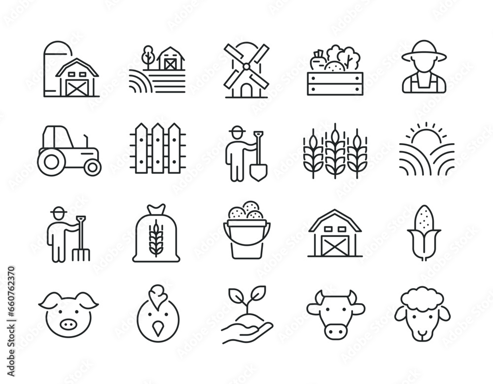 Farming line icons. Editable stroke. For website marketing design, logo, app, template, ui, etc. Vector illustration. Farming line icons. Editable stroke. For website marketing design, logo, app, template, ui, etc. Vector illustration.