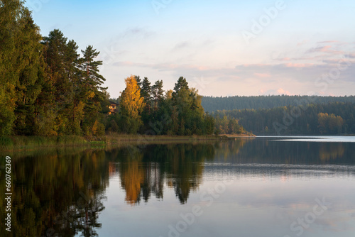 Fototapeta Naklejka Na Ścianę i Meble -  Lake Ladoga near the village Lumivaara on a sunny autumn day, Ladoga skerries, Lakhdenpokhya, Republic of Karelia, Russia