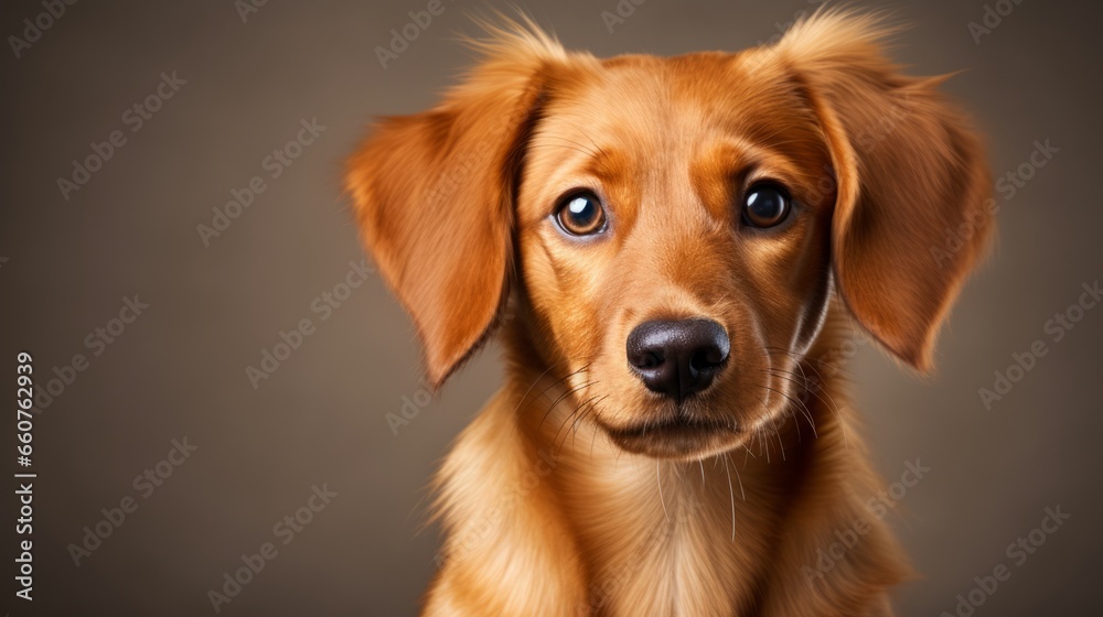 Photo of a happy dog sitting in front of a studio backdrop created with Generative AI technology