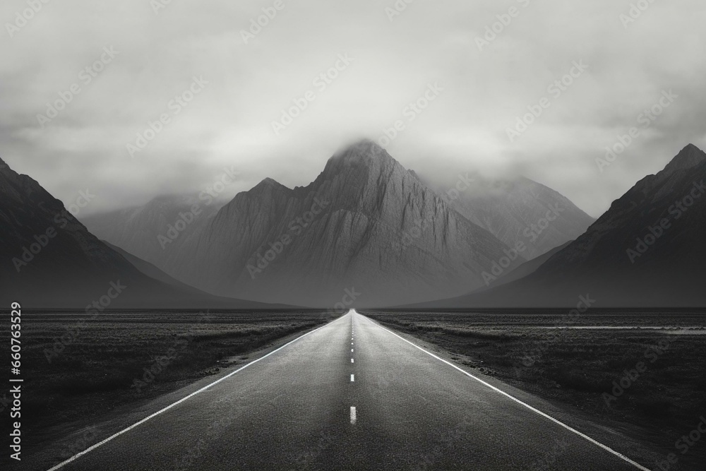 A road leading straight towards towering mountains in a vanishing perspective. Generative AI