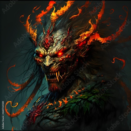 The demon is called Shathariel It is described as having the body of a serpent and the head of a lion with fiery red eyes and a mane of flames Its body is covered in black scales that are said to be 