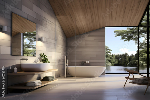 modern bathroom with wooden ceiling