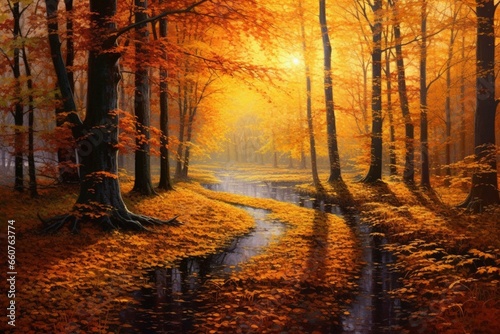 Vibrant autumn woodland painted with golden hues showcasing nature's beauty. Generative AI