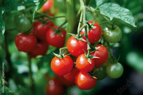 Close-up of ripe red cherry tomatoes growing on a garden plant. Generative AI
