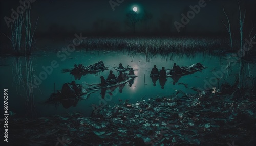 several dead bodies floating in a swamp at night full moon Unsplash 