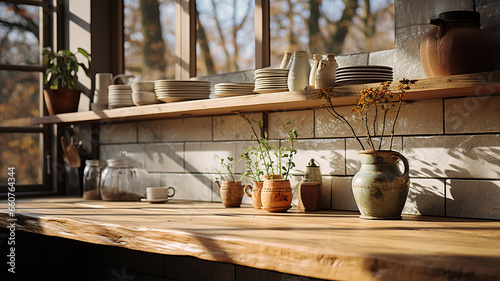 Modern kitchen interior with windows that let in natural light and wooden shelves filled with utensils and jars, Generative AI