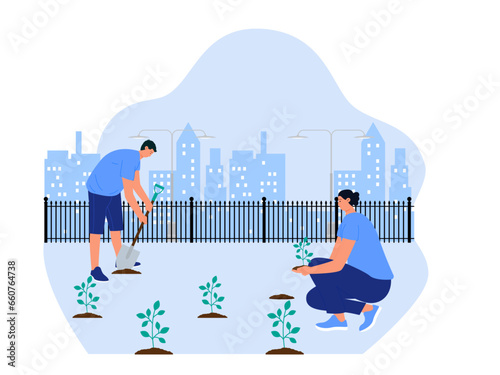 Social activity vector illustration. Volunteers plating tree Illustration. Couples planting trees.