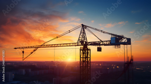Abstract Industrial background with construction crane silhouette over amazing sunset sky 
