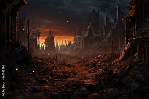 Illustration depicting post-apocalyptic ruins. Generative AI