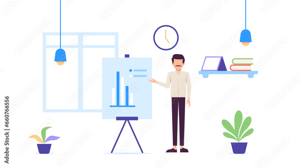 A businessman is presenting diagram report about his work