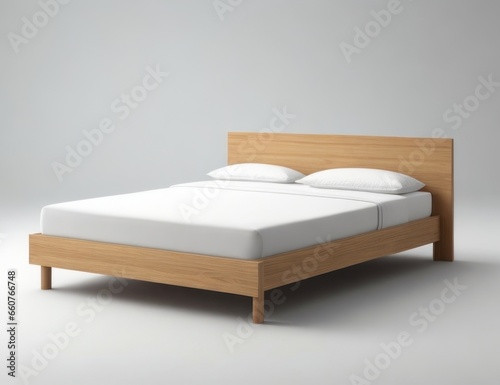 Wooden Bed on a Clean Plain Background with White Pillows and Bedsheet - Bedsheet Mockup photo