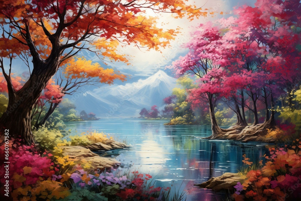 Stunning artwork depicting a vibrant nature scene featuring a serene lake and flourishing trees. Generative AI