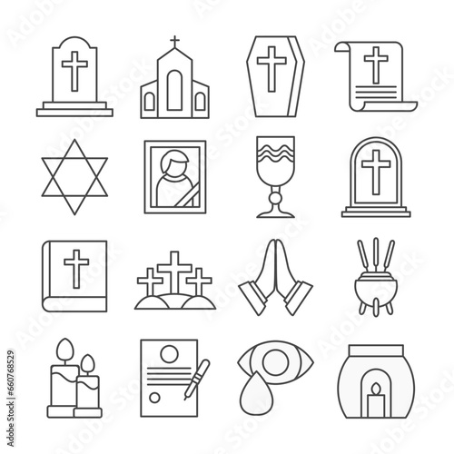 Set of Cemetery Funeral Isolated Icon Vector Illustration with Candle, Teary Eye, Tombstone, Gravestone, Praying Hands, Glass, Flat Style Element Objects
