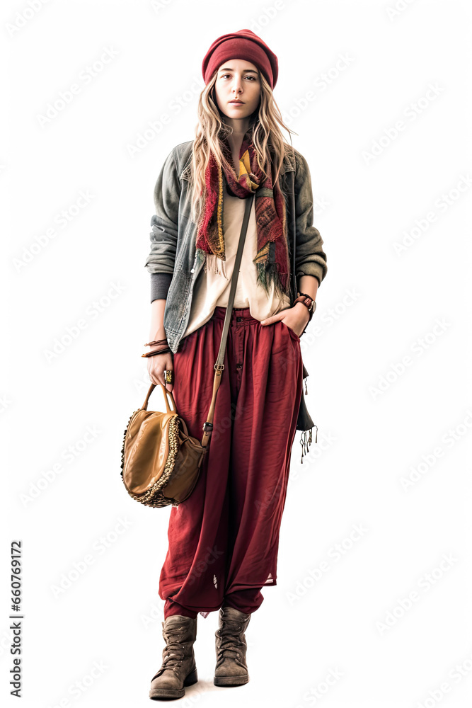 Pretty glamorous hippie girl in her straw hat. Studio portrait of joyful young woman with summer bag.