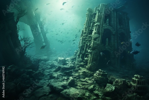 Decayed underwater remains of ancient temple and city engulfed by the sea. Generative AI