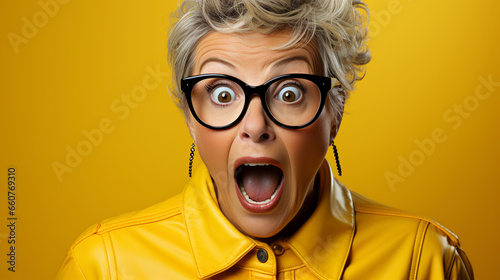 Senior woman makng funny faces against yellow background UHD wallpaper Stock Photographic Image © Saad
