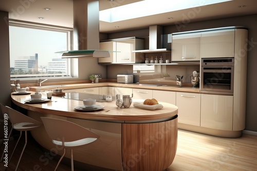Contemporary kitchen design, rendered in 3D. Generative AI