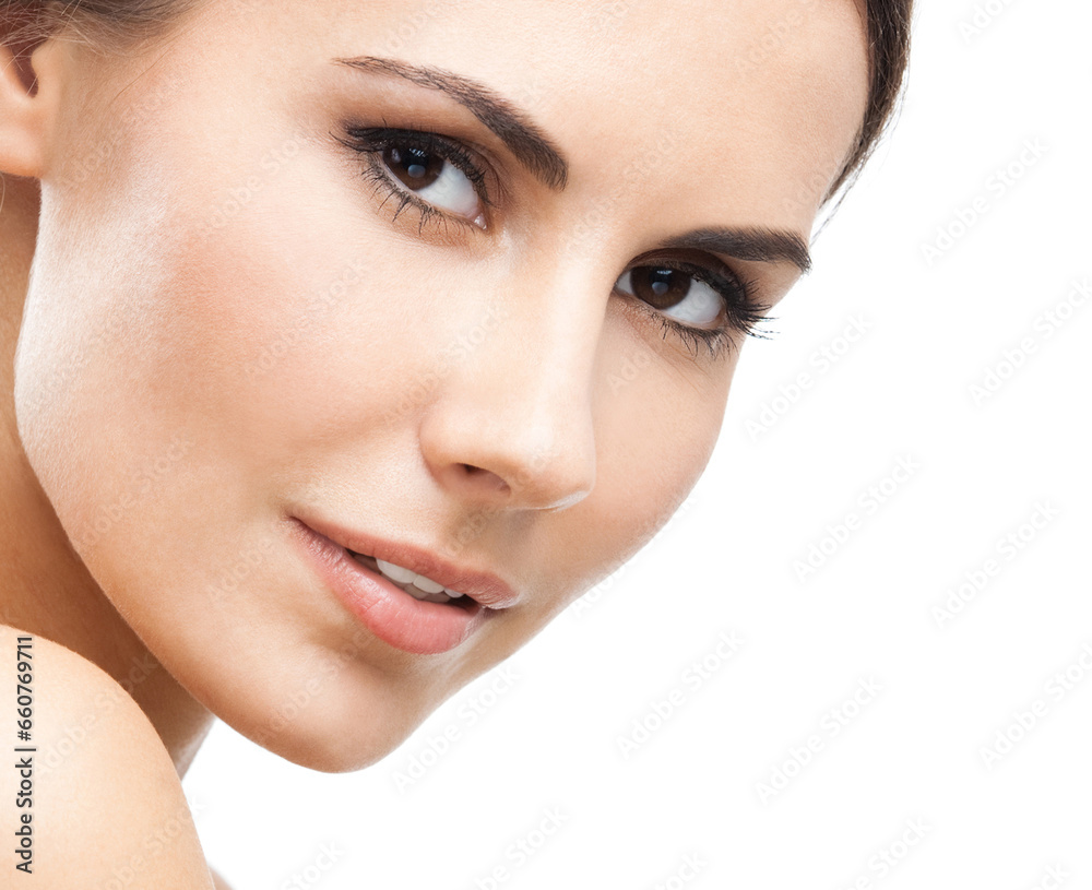 Fototapeta premium Face portrait photo of beautiful young woman, isolated over white background. Studio image of brunette beauty girl looking at camera.
