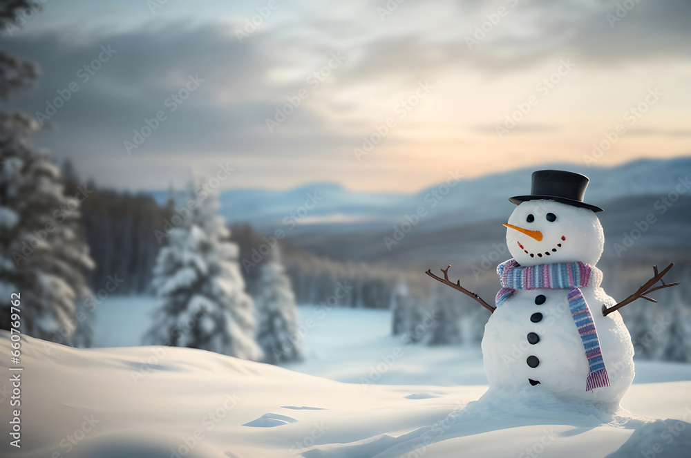Obraz premium snowman with winter landscape with copy space ai generated