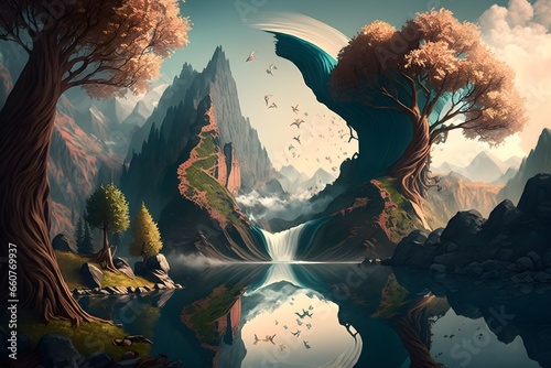 use this idea to create a design of a majestic natural landscape surrounded by towering mountains cascading waterfalls and lush greenery It feels the raw power of nature all around as if its 