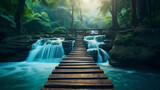 wooden bridge over a small river leading to a waterfall