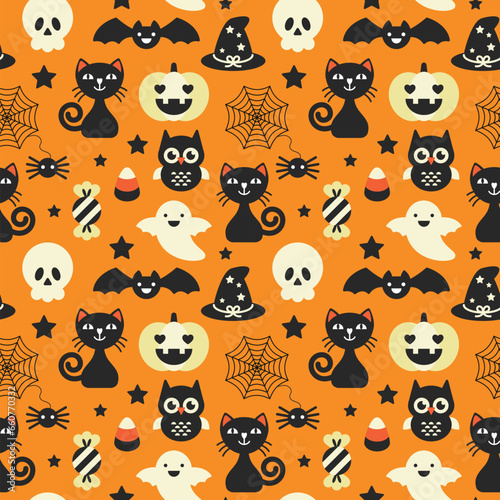 Cute Halloween Icon and Character Set. Vector Illustration. Isolated on an orange background.