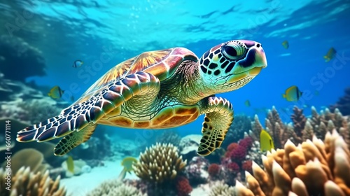 Hawksbill Turtle - Eretmochelys imbricata floats under water. coral reef.