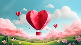 illustration of love and valentine day,Origami made hot air balloon flying over grass with heart float on the sky.paper art and digital craft style.