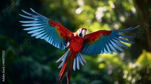 Hybrid parrots in forest. Macaw parrot flying in dark green vegetation. Rare form Ara macao x Ara ambigua, in tropical forest, Costa Rica. Wildlife scene from tropical nature. Red bird in fly, jungle.