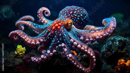 octopus rainbow swimming in the deep ocean 
