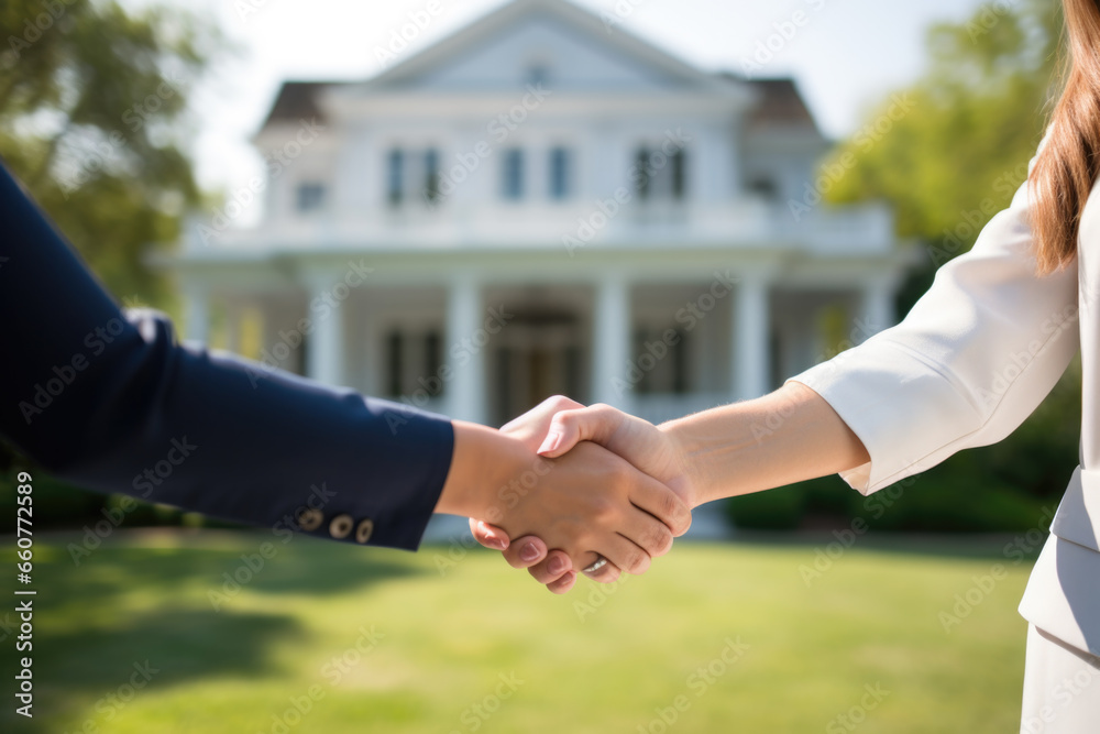 A female real estate agent and a female client or woman shaking hands in front of new home - obrazy, fototapety, plakaty 