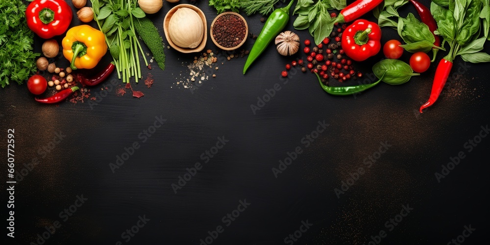 A colorful flat lay featuring an assortment of fresh vegetables and spices, beautifully spread out, providing a culinary canvas with ample empty space for text or design.