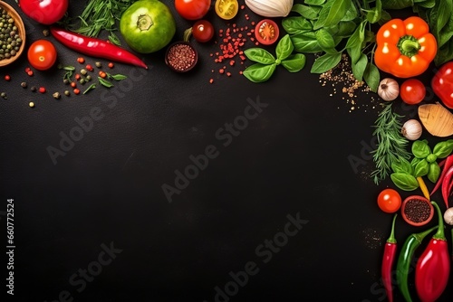A colorful flat lay featuring an assortment of fresh vegetables and spices, beautifully spread out, providing a culinary canvas with ample empty space for text or design.