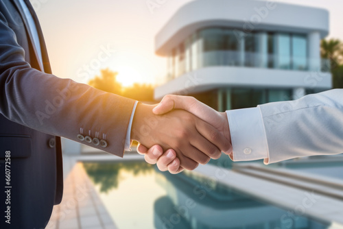 Two men shaking hands and closing a real estate deal for a luxury property