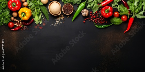 A colorful flat lay featuring an assortment of fresh vegetables and spices, beautifully spread out, providing a culinary canvas with ample empty space for text or design.