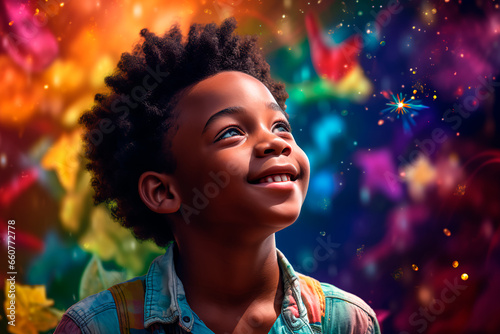 Portrait of a beautiful African child on a colored background. A happy child, a joyful and bright childhood.