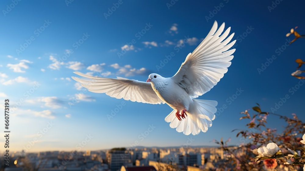 Obraz premium A white dove of peace flies over the earth and brings peace and tranquility