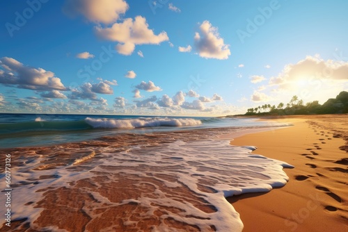 In this close-up scene, the waves roll gently onto the sandy shore under a clear blue sky, creating a tranquil and inviting coastal view. Photorealistic illustration © DIMENSIONS