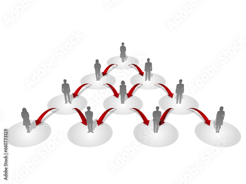 人々のシルエットと拡散する矢印のインフォグラフィック　正面　ベクターイラストレーション