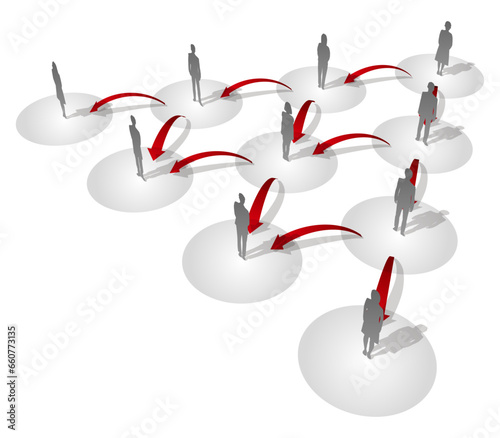 人々のシルエットと拡散する矢印のインフォグラフィック　斜め　ベクターイラストレーション