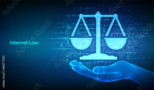 Internet law icon made with binary code in hand. Cyberlaw as digital legal services or online lawyer advice concept. Labor law, Lawyer, Attorney at law. Streaming digital code. Vector illustration.