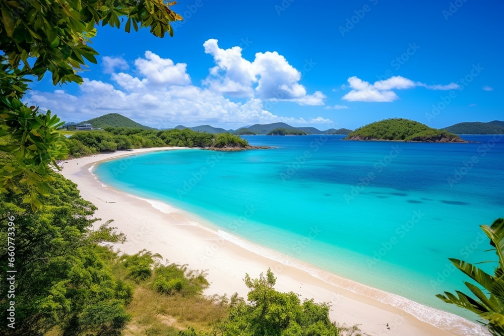 Scenic coastal vista with pristine sand and turquoise waters. Generative AI