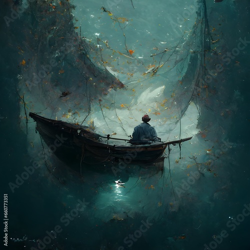 a man fishing on a boat gaint whale under the water ultra detailed high resolution 
