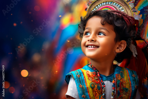 Portrait of a beautiful Indian child on a colored background. A happy child, a joyful and bright childhood.