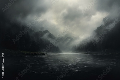 Misty skies above glossy water, evoking water vapor and condensation. Generative AI © Lila