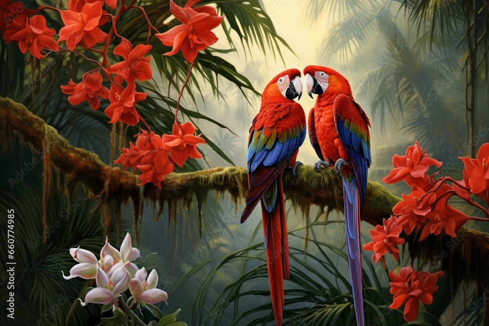 Two red parrots on tree with white orchid in jungle, illustration. Generative AI - obrazy, fototapety, plakaty 