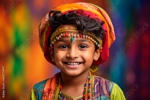 Portrait of a beautiful Indian child on a colored background. A happy child, a joyful and bright childhood.