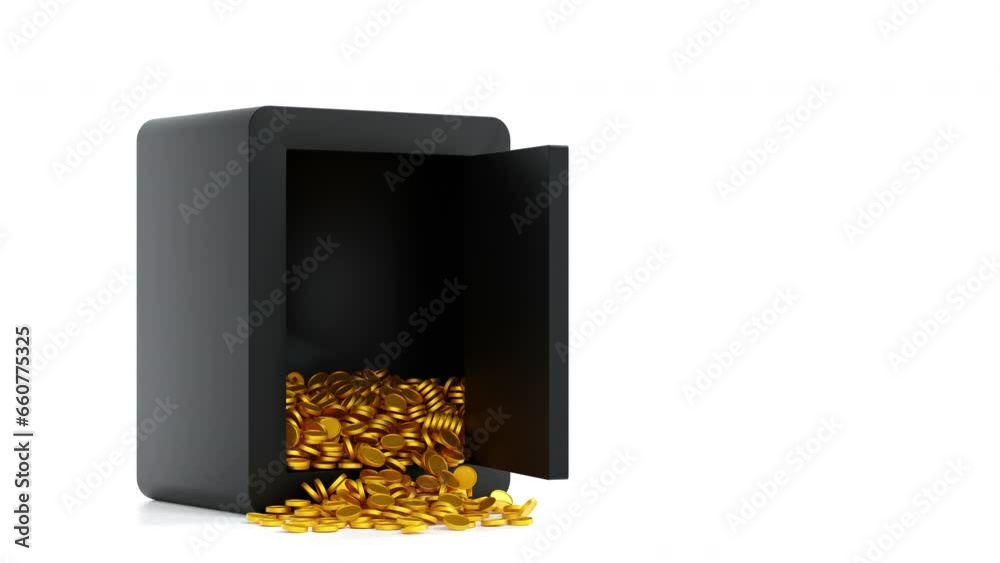 Opening steel safe box with gold coin falling out, security bank safe protect money, 3D animation rendering.