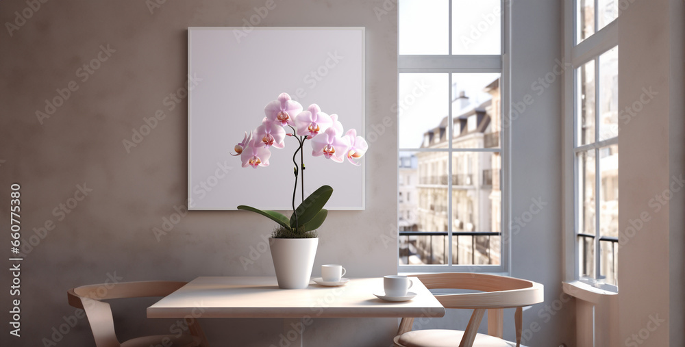 design of living room,  realistic photo orchid flower pots white and light pink colour flower